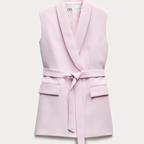 Zara Sleeveless Belted Vest Blazer - Light Pink - Size Medium - Picture 11 of 12